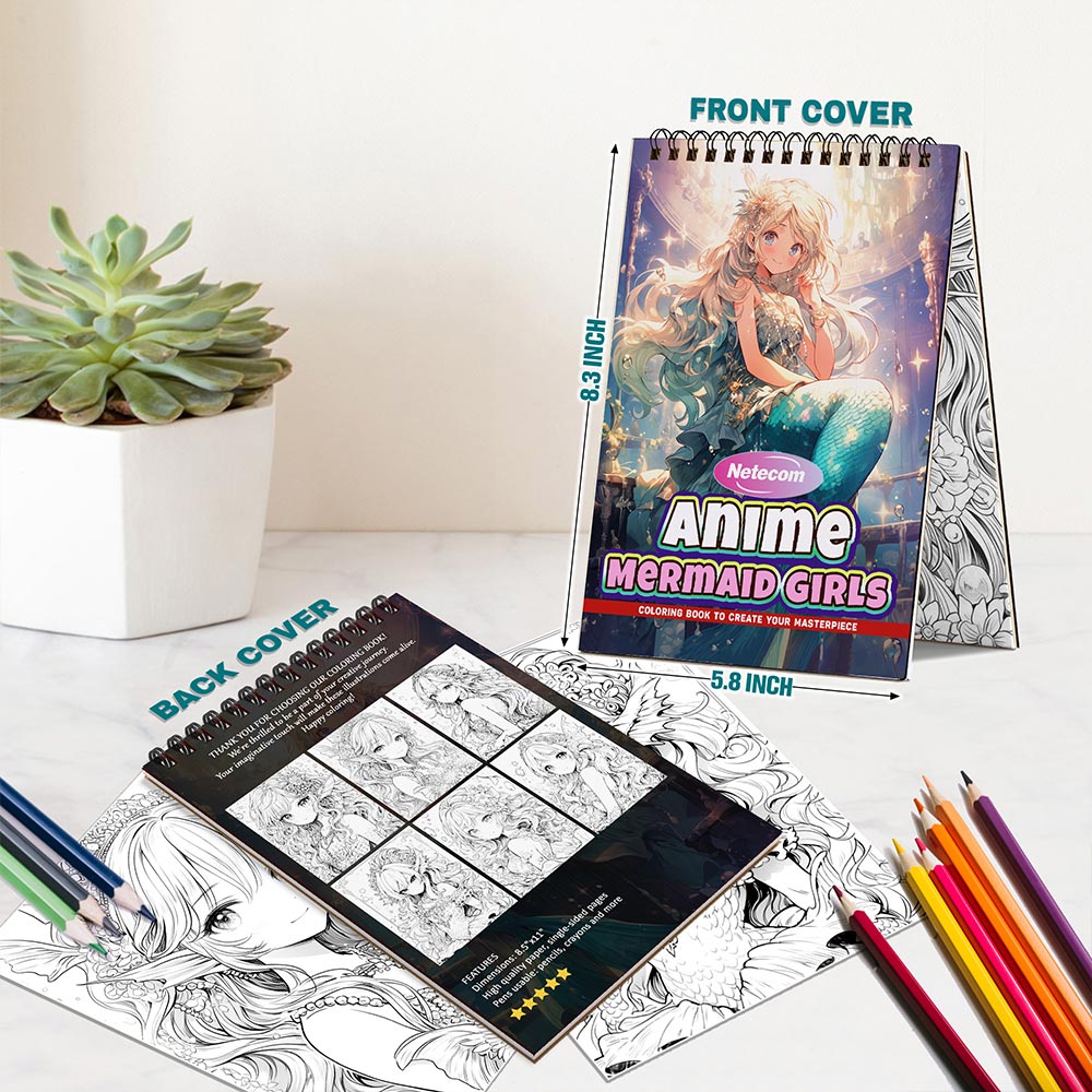 Anime Mermaid Girls Coloring Book Spiral Bound For Adults, A5 Wooden Cover, 30 Beautiful Coloring Pages of Underwater Girls Scenes for Stress Relief and Relaxation