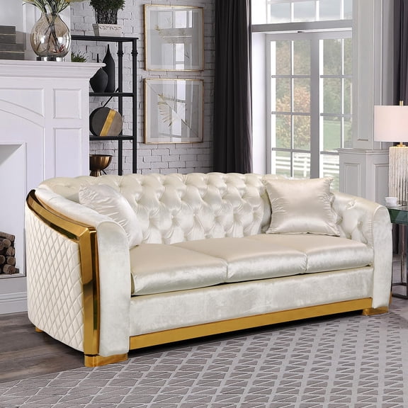 81 Inch Velvet Sofa Set for Living Room, 3 Seat Modern & Luxury Chesterfield Couch Sofa with Tufted Back&Gold Stainless Legs for Apartment, Office 2 Pillows Included Beige
