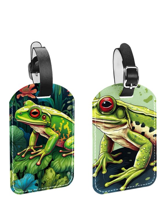 Square 2Pack PU Leather Frog Cruise Luggage Tag with Privacy Cover and Name ID Tag for Travel Handbags Backpacks Luggage Tags