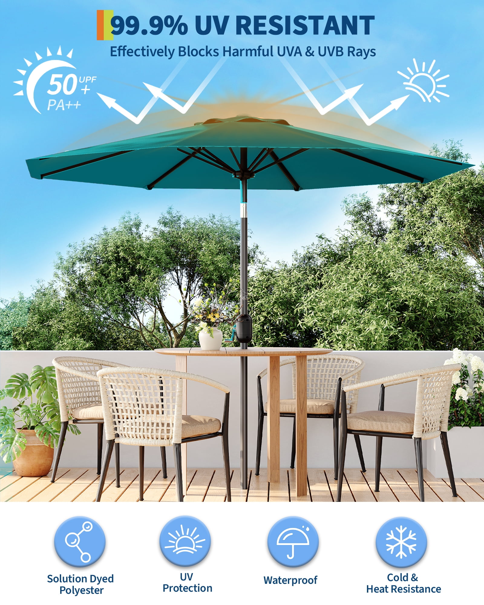9FT Outdoor Patio Umbrella with Push Button Tilt and Crank, Market Umbrella 8 Sturdy Ribs UV Protection Waterproof Heavy-Duty Pool Umbrella for Deck, Backyard,Garden