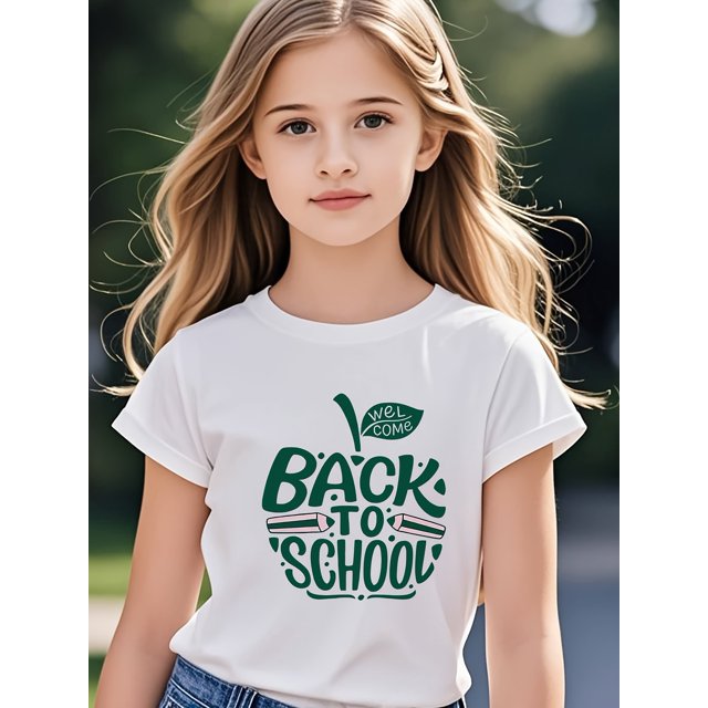Girls' "Back to School" Graphic Tee - Comfortable Cotton, Casual Style, Short Sleeve, Round Neck, Summer T-Shirt with Green Leaf Design, everyday Tshirt | Playful Design | Cotton Tshirt