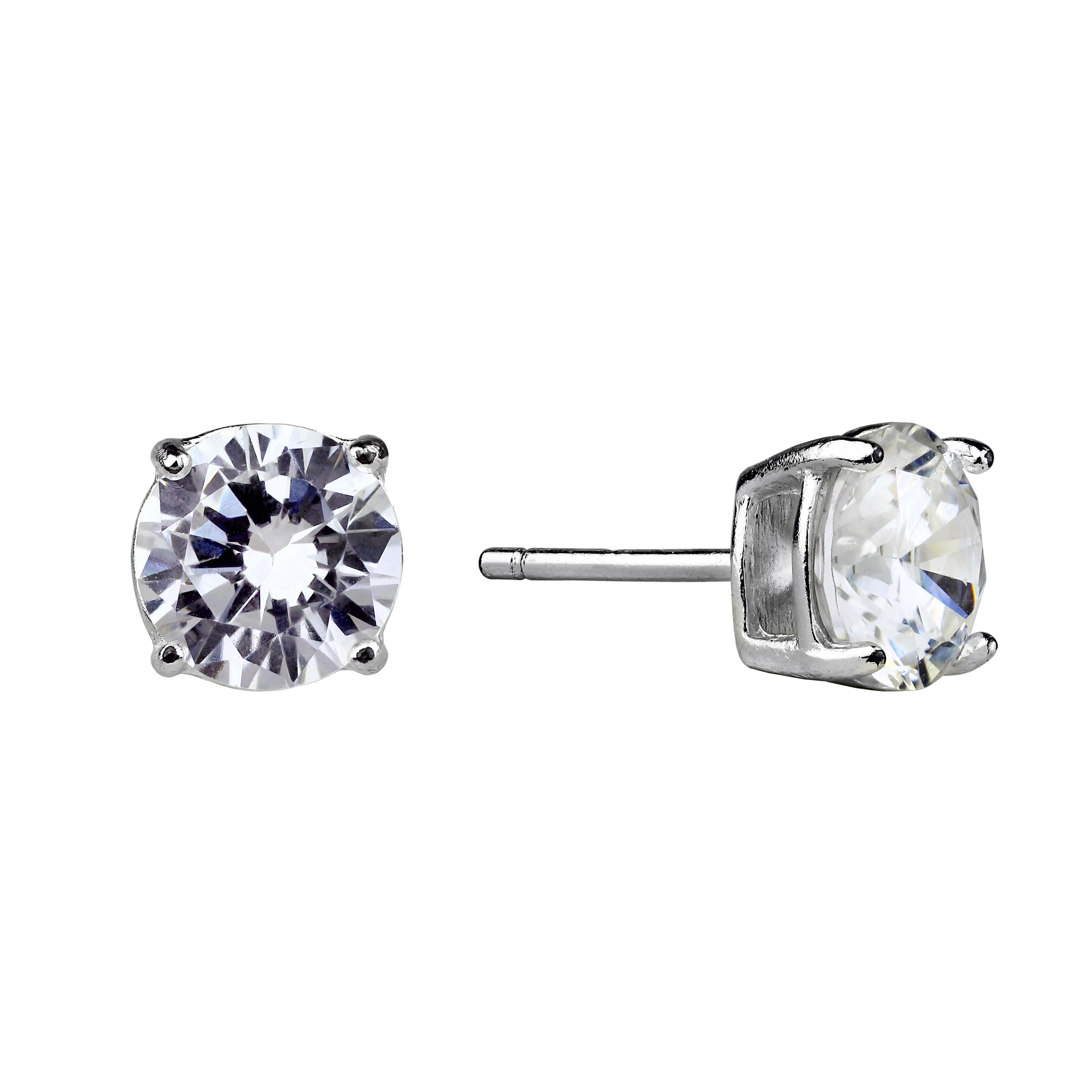 Sterling Silver White Finish Simulated Lab Diamond 4 Prong Square Studs 15mm