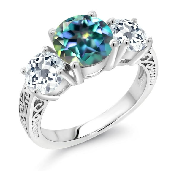 Gem Stone King 3.80 Ct Round Millennium Blue Mystic Topaz White Topaz 925 Sterling Silver Three Stone Ring for Women (Size 6)