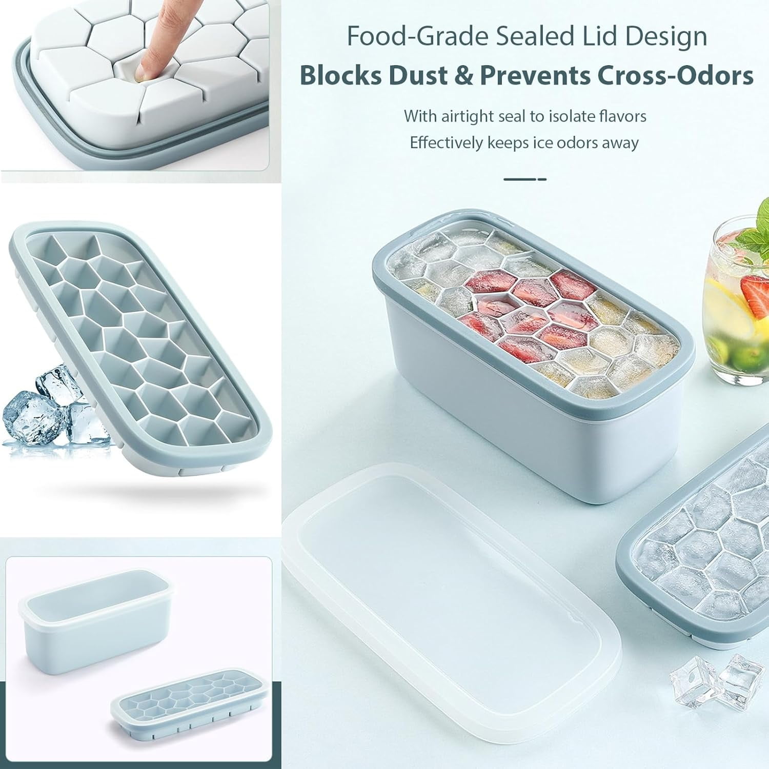 ABPETE Silicone Ice Cube Tray,Ice Cube Tray with Lid–Ice Cube Mold with 78 Cubes,Ice Cube Trays for Freezer with 1 trays,Dishwasher Safe,Stackable Ice Trays with Free Ice Scoop–Nordic Blue