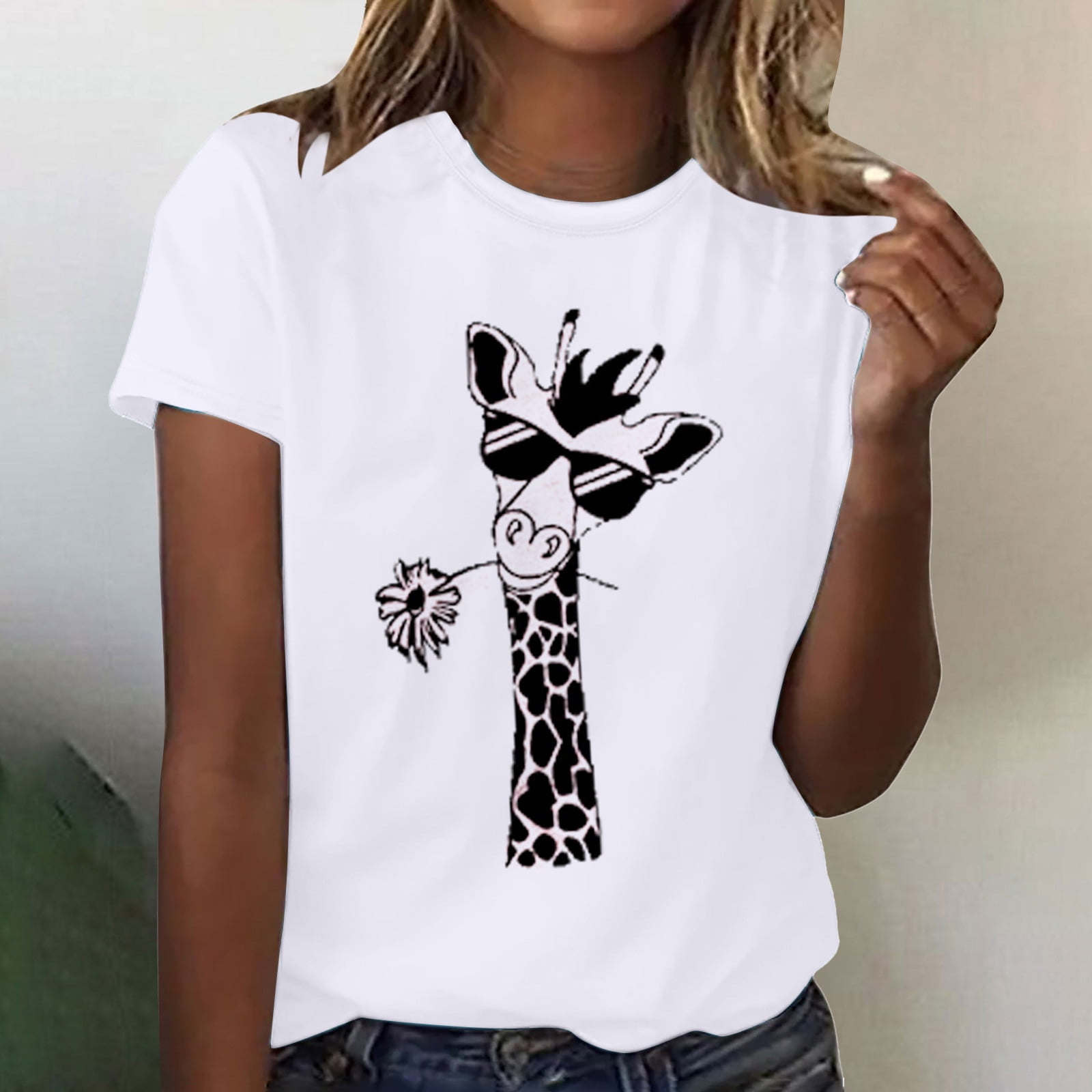 Jsaierl Womens Summer Giraffe Print T-Shirt Funny Crewneck Cute Animal ...