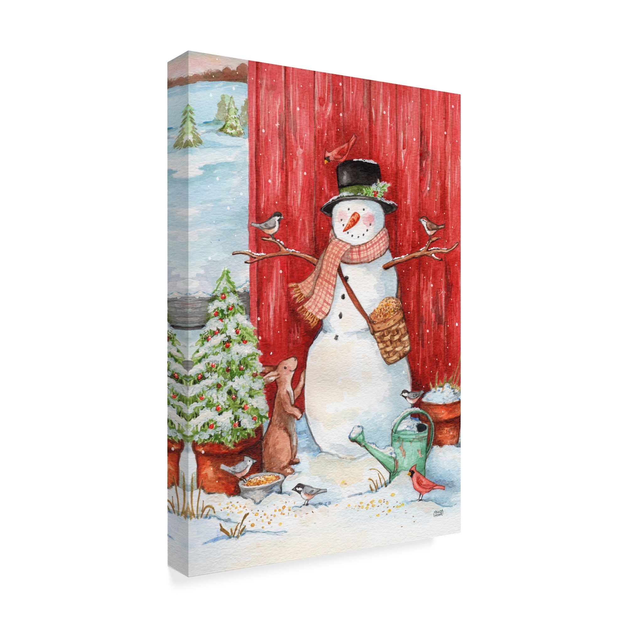 Trademark Fine Art 'Snowman With Birds And Flurries' Canvas Art by Melinda Hipsher