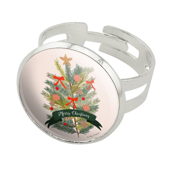 Merry Christmas Decorated Pine Tree Silver Plated Adjustable Novelty Ring
