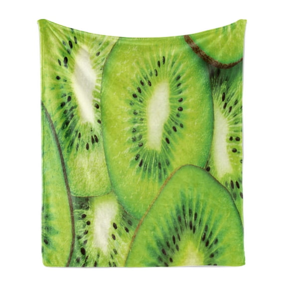 Kiwi Soft Flannel Fleece Throw Blanket, Summer Round Exotic Fruits Slices Macro Photo, Cozy Plush for Indoor and Outdoor Use, 60" x 80", Lime Green, by Ambesonne