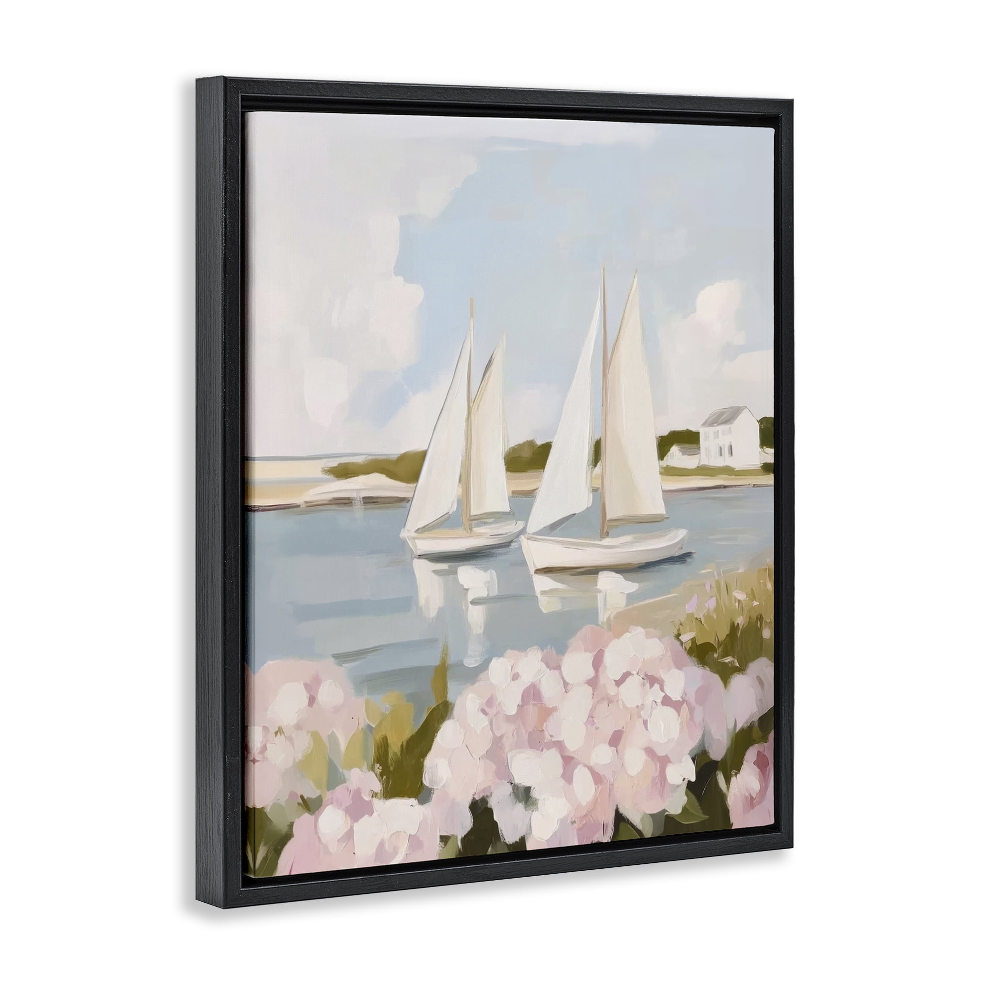Stupell Industries Sailboat Duo with Pink Hydrangeas Black Framed Floater Canvas Wall Art, design by Sisi and Seb