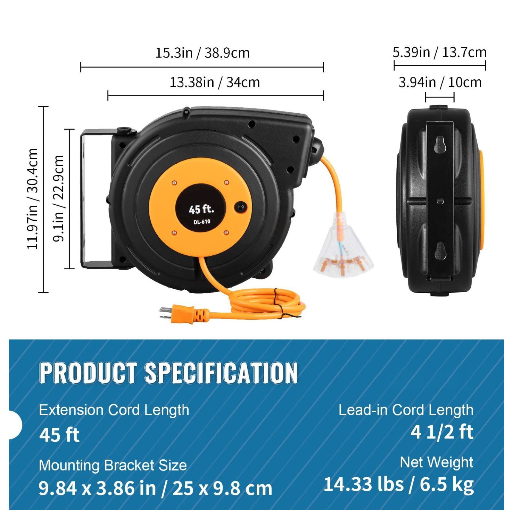 Retractable Extension Reel Heavy Duty 12AWG 45FT, SJTOW Power Cord Reel with Lighted Outlet & Swivel Bracket - Garage, Workshop, Construction