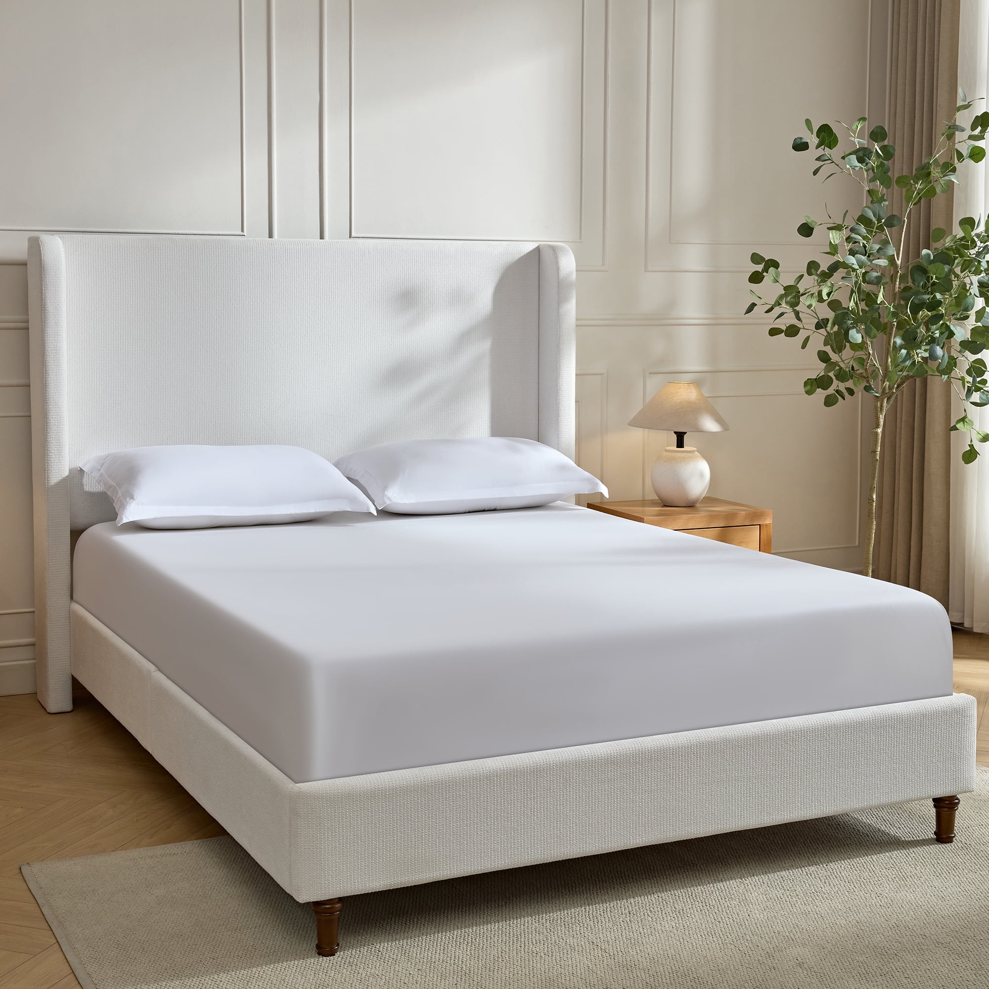 Miniyam Queen Size Upholstered Bed, 54" High Platform Bed with Wingback Headboard for Adult, Cream White
