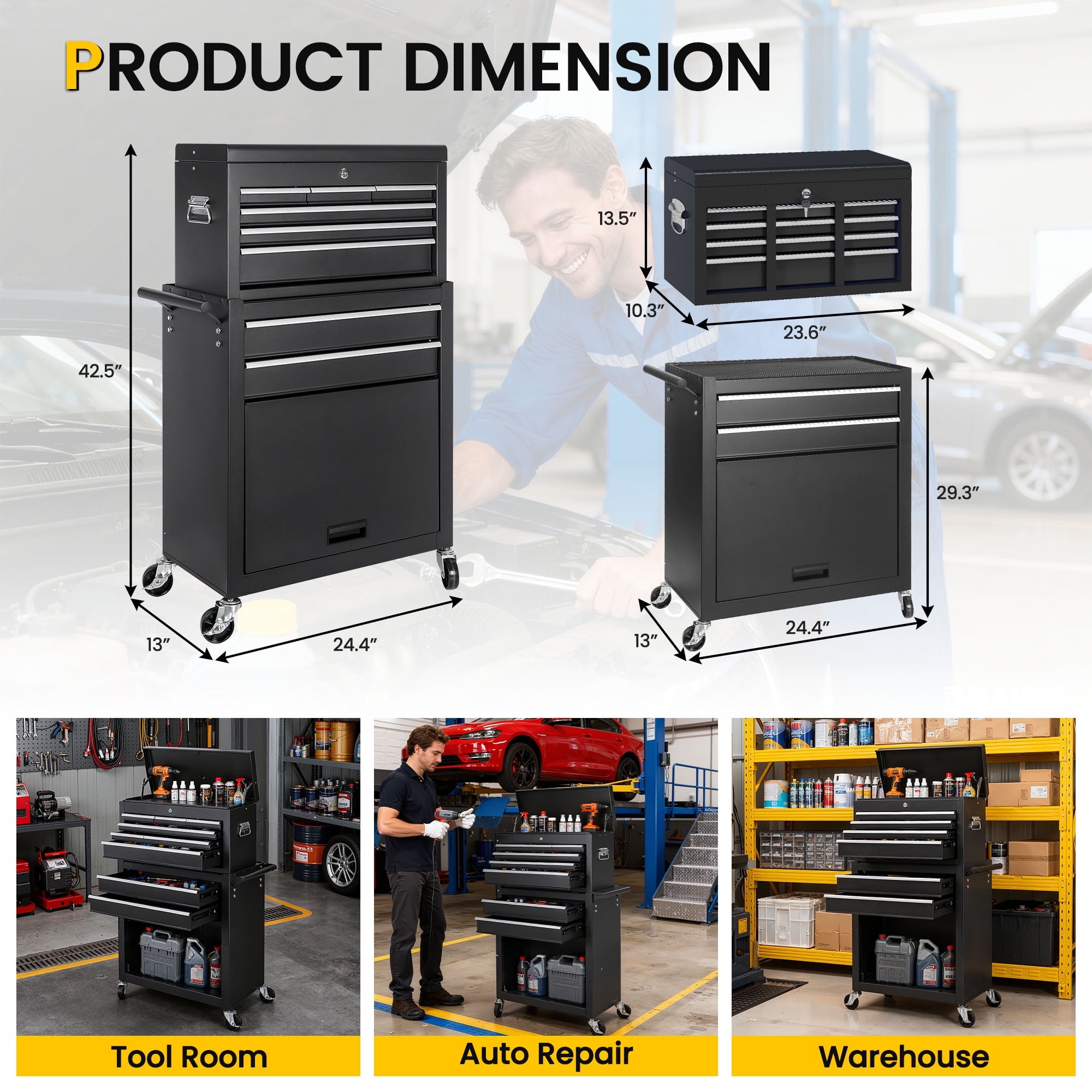 Seizeen 2-IN-1 Metal Tool Box, 8-Drawer, Mobile & Portable Tool