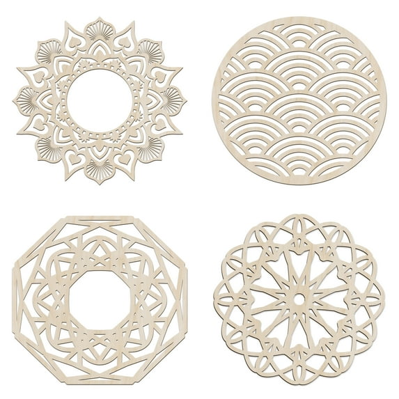 Mandala Wooden Wall Art Set of 4, Eastern Asian Culture Grid Floral Design, Birch Plywood Rustic Wall Art Accent for Hallway Bedroom Living Room and Offices, 11.4" X 11.4" X 0.1", by Ambesonne