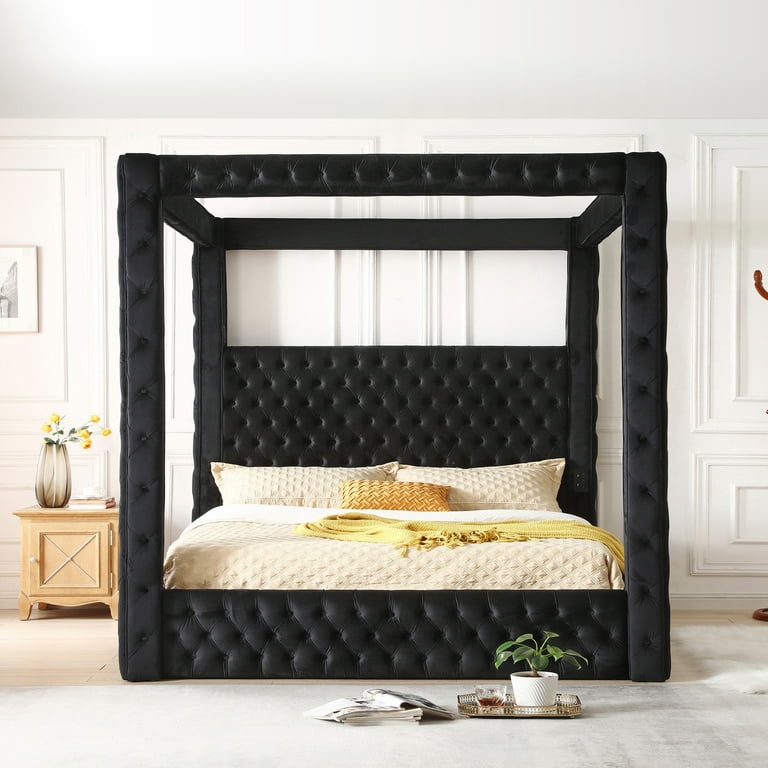 Black canopy bed with upholstered headboard discount