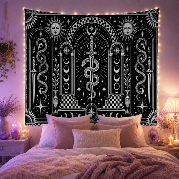 Sword and Coiled Snake in Symmetrical Arch on Black Field, Mystical Celestial for Occult Lovers, Alchemy Wall Art Halloween Gift, Tapestry Wall Hanging for Bedroom and Living Room