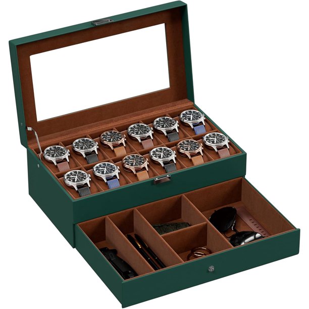 ProCase Caja para Reloj de 12 Ranuras, Estuche Organizador de Relojes de 2 Pisos con Tapa Vidrio Anti-polvo Almacenaje Guardarrelojes para Hombres y Mujeres (Verde)