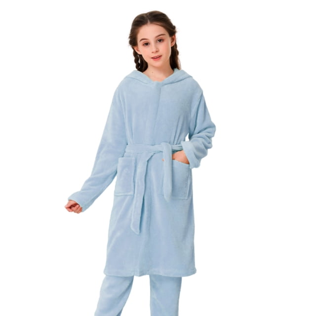 XASZHN Pyjamas pour Filles Automne et Hiver Robe Corail pour Enfants Peignoir Bleu Clair 5-6 Ans