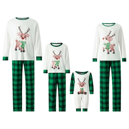 

Arvbitana Family Matching Christmas Pajamas Sets Long Sleeve Elk Print Pullover Tops + Plaid Pants / Jumpsuit Casual Nightwear Outfits for Adult Kid Baby