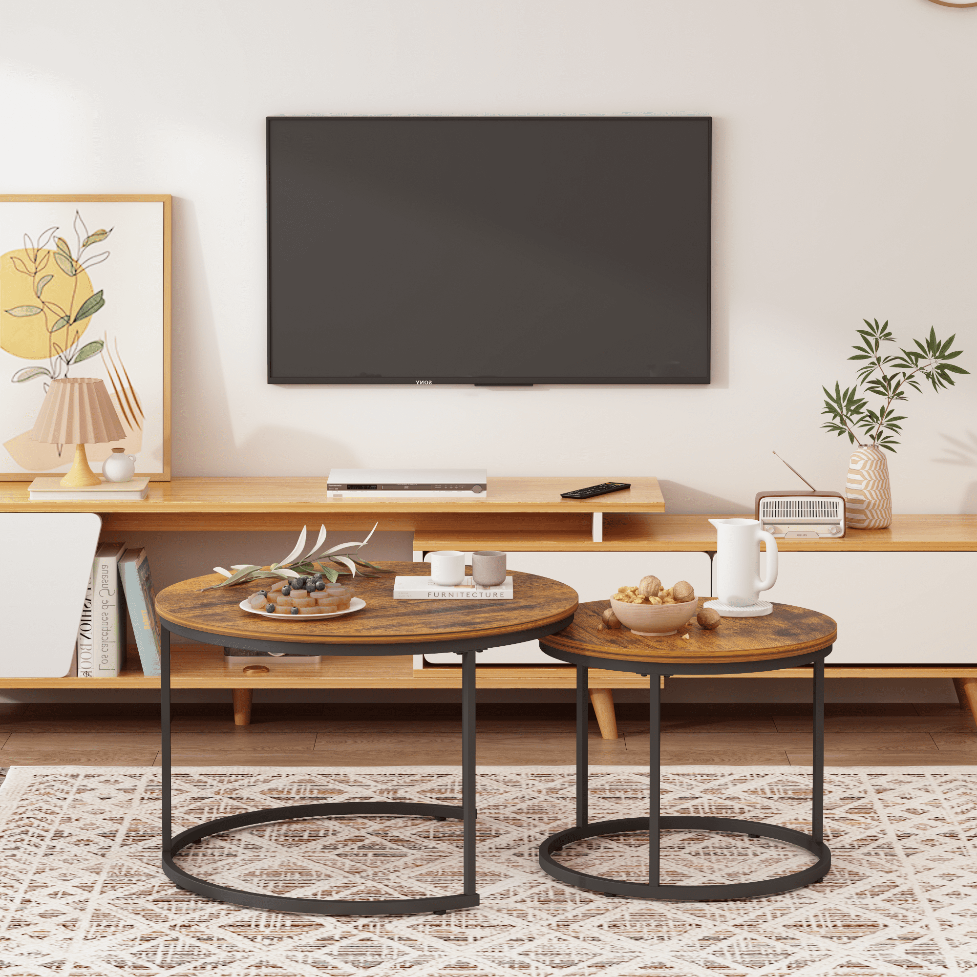 Nesting Coffee Table Set of 2, 27.6inch Round Coffee Table Industrial Wood Finish with Sturdy Metal Frame, End Table Side Tables for Living Room Bedroom Balcony Yard (Rustic Brown)