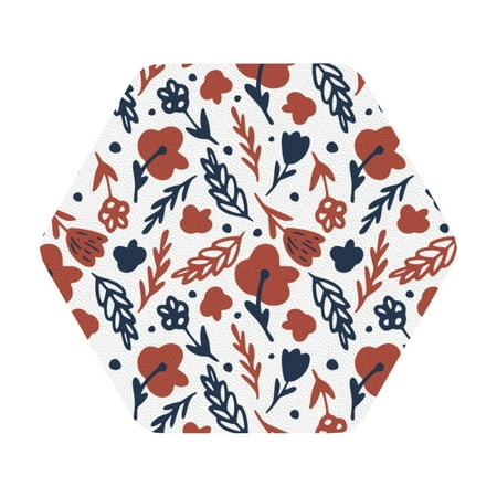 

Coaee Red Blue Leaves Print Leather Coasters Set of 6 Non-Slip Washable Cup Coasters for Home Office Bar Hexagon