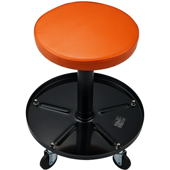KFFKFF Workshop Chair, 250 LBS Capacity Pneumatic Mobile Stool, Height Alterable 22 in-28 in Cushioned Rolling Mechanic Stool with Equipment Holder, Suitable for Garage and Workshop, Black+Orange