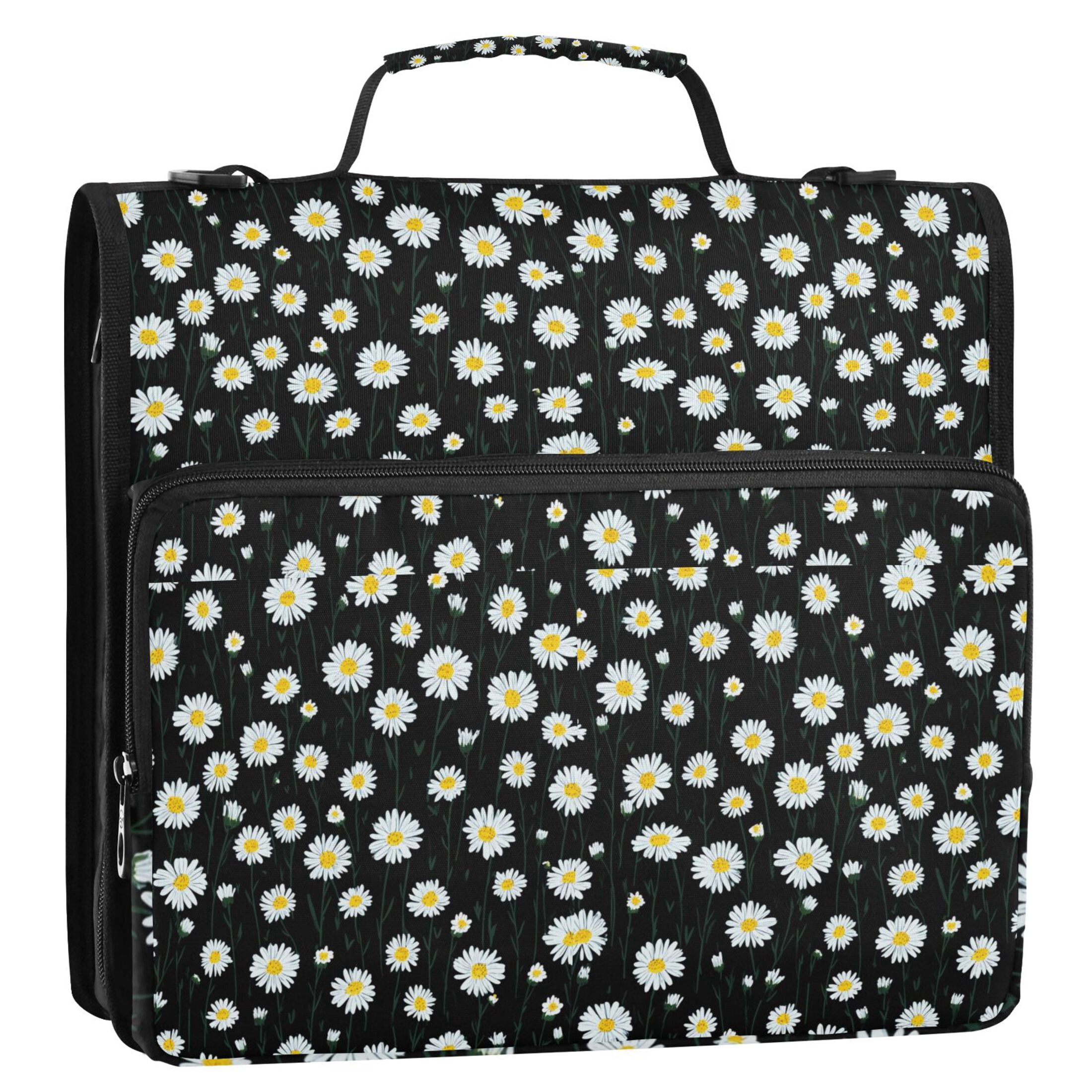 Zipper Binder Daisy Black Background 1.5 Inch Binder Folder Bag with Shoulder Strap and Handle