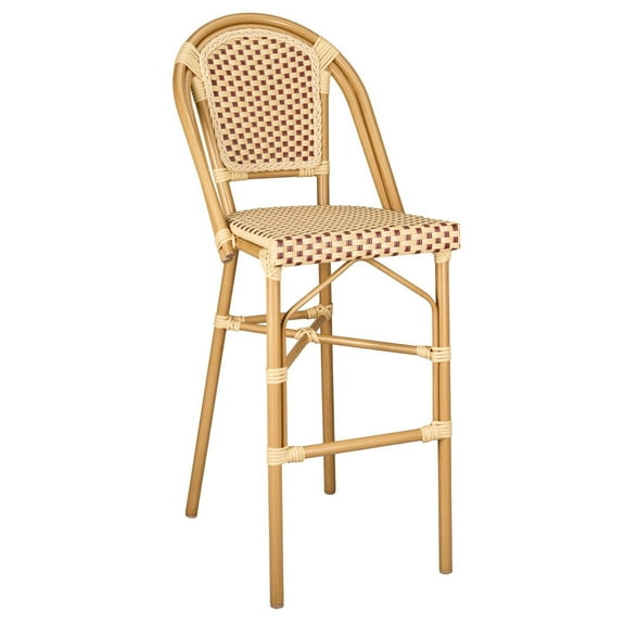 Beige and Maroon French Bistro Barstool 30" Seat Height Hand Woven Wicker by Chivari