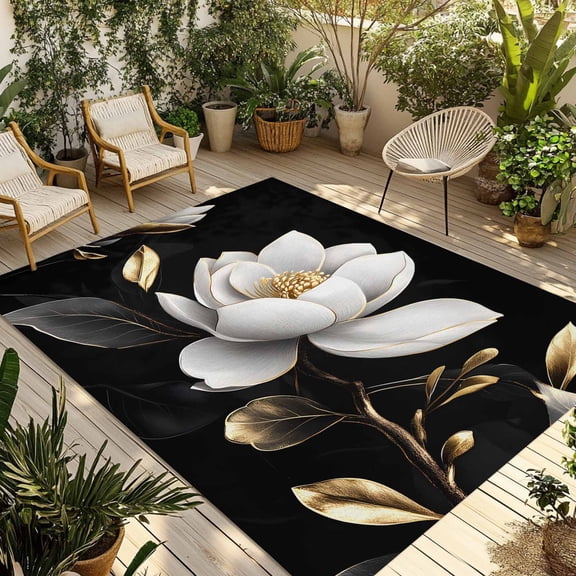 Fsddascl Gorgeous Flowers Outdoor Rug for Patio/Deck/Porch, Non-Slip Large Area Rug 4 x 6 Ft, White Gold Floral Botanicals Black Indoor Outdoor Rugs Washable Area Rugs, Reversible Camping Rug Carpet