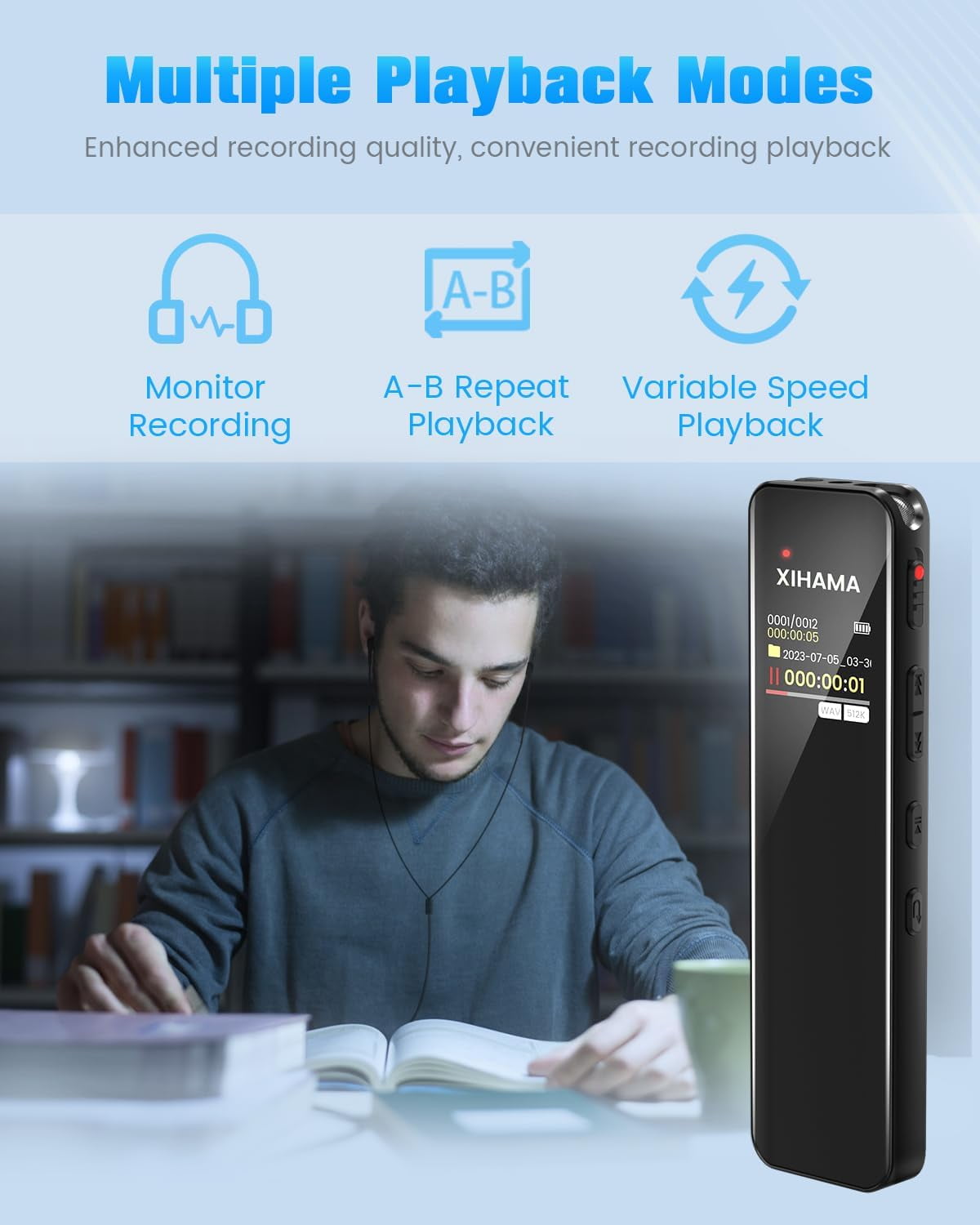 64GB Digital Voice Recorder with Playback, A-B Repeat, Variable Speed Play, Voice Activated Recorder for Lectures, Recording Monitoring, Password Protection, Recording Device, Digital Audio Recorder