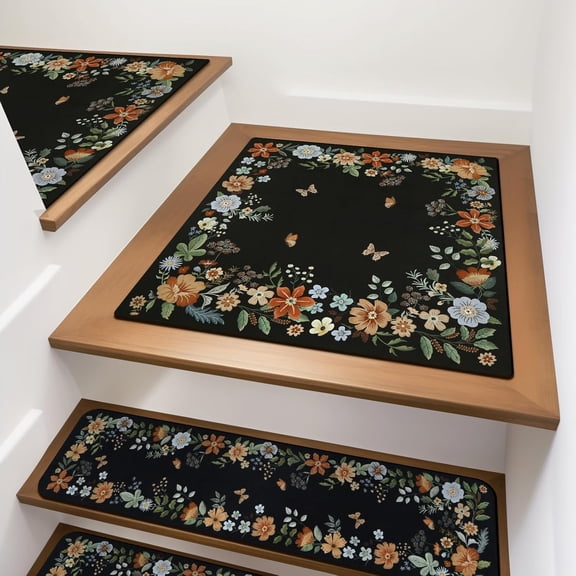 Floral Stair Treads Non-Slip Matching Mat for Wooden Steps, Square Capet Rubber Backing Runner Anti-Slip Landing 31x31 Inch Rugs
