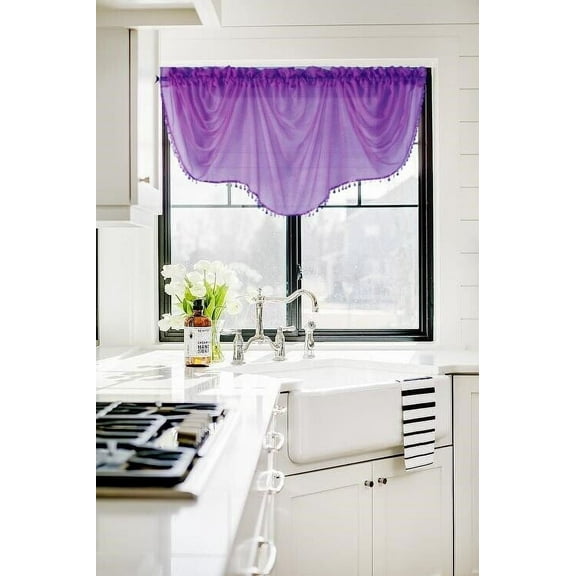 1PC Rod Pocket Faux Silk Window Ascot Beaded Tassel Swag Topper Valance