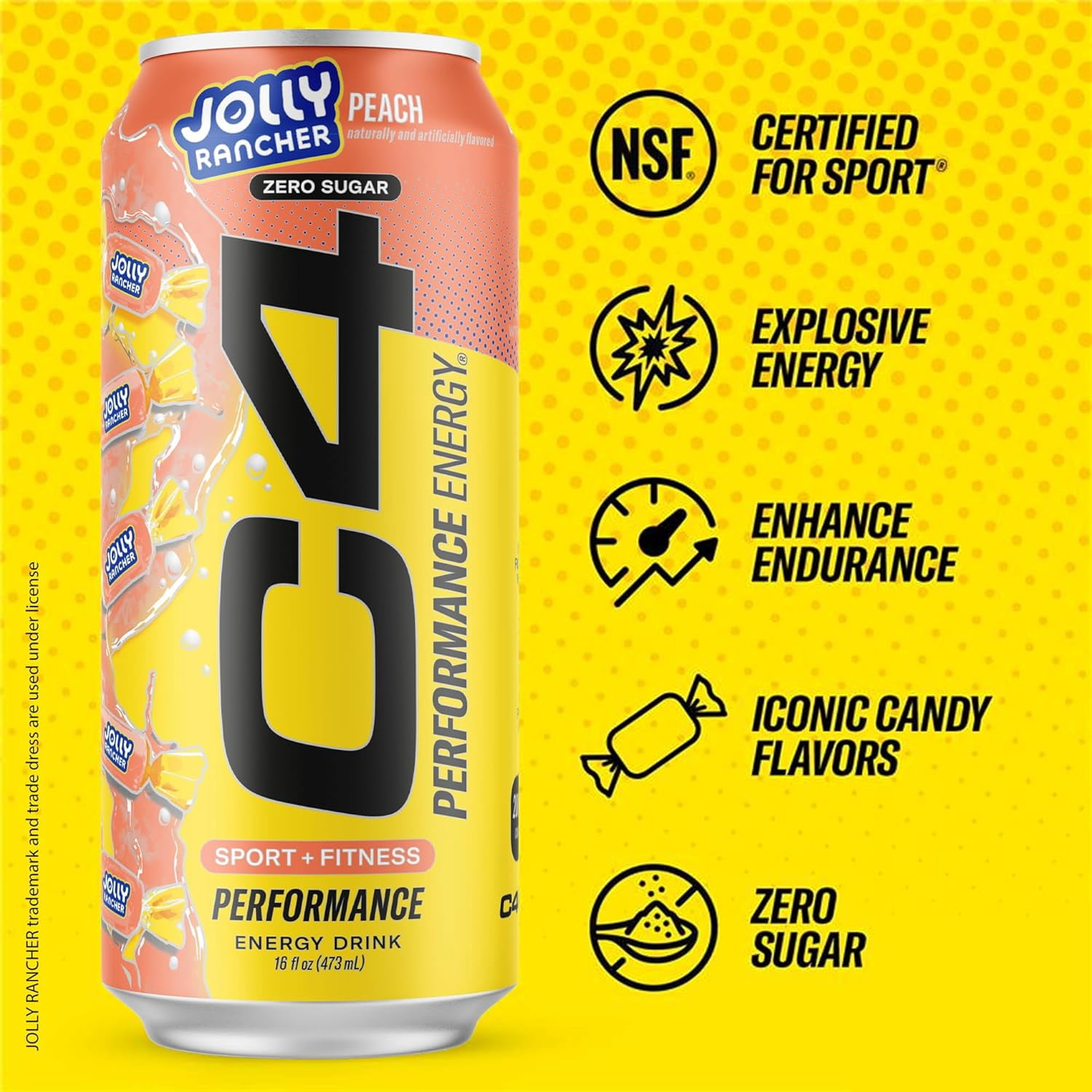 (4 pack) C4 Performance Energy Drink, Jolly Rancher Peach, 16 fl oz Single Can