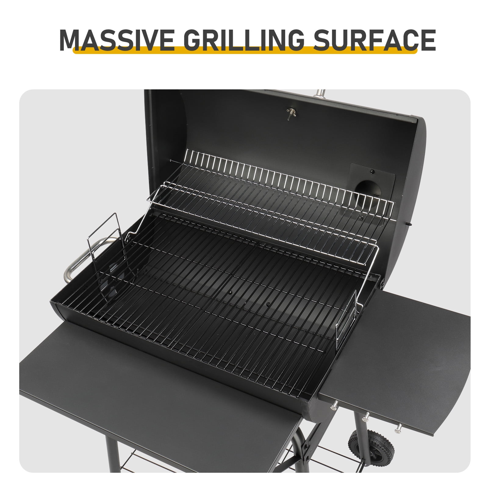 Barrel Charcoal Grill with Side & Front Table, 571 SQ In Cooking Space, Outdoor BBQ Smoker with Adjustable Fire Grate & Thermometer, Heavy Duty for Backyard Patio Parties, Black