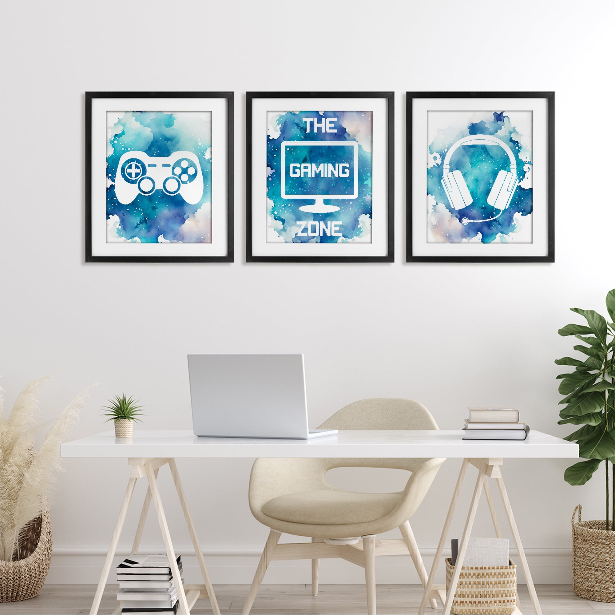 Blue Gamer Splatters 3 Piece Black Framed Print Under Glass Set, design by Marcus Prime