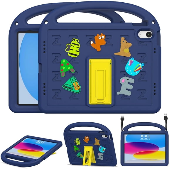 Kids Case for iPad(A16) 11th Generation 11 Inch 2025/iPad 10th Generation 10.9 Inch 2022, with Anti-Slip Handle/Foldable Stand/Shoulder Strap, Shockproof Kids iPad 11th/10th Gen Case Navy Blue