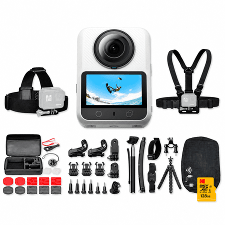 Xtra Sphra360 Action Camera Bundle with 128GB Flash Memory Card, Folding Storage Travel Case, and 50-In-1 Accessories Kit