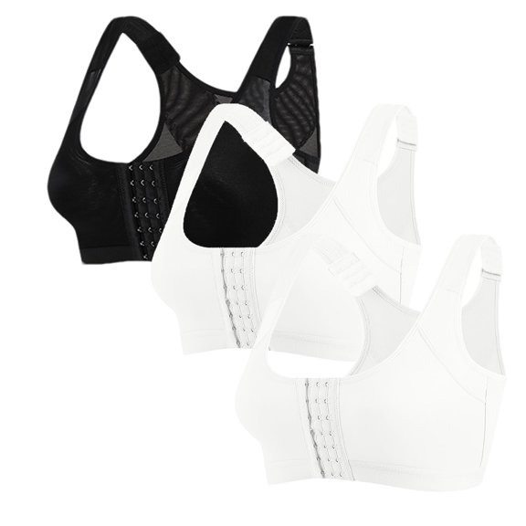 Women Bras 3PC Front Closure Compression Bras For High Sports Everyday Sport Bras for Women Black L