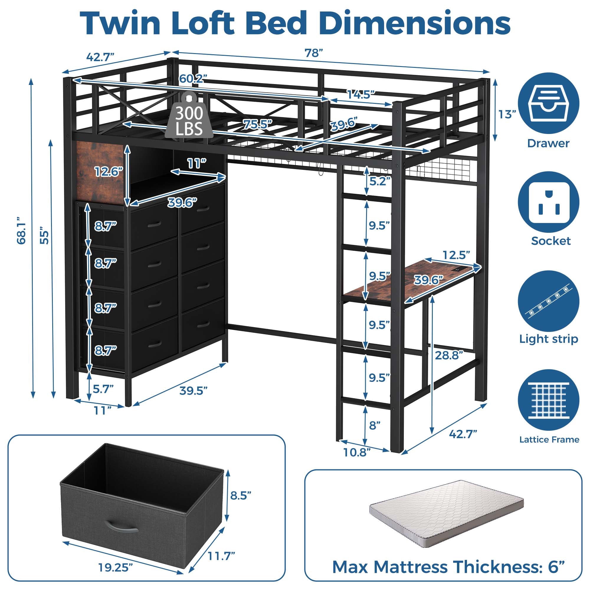 Miniyam Twin Metal Loft Bed with Desk and 8 Storage Drawers and LED Light, Black