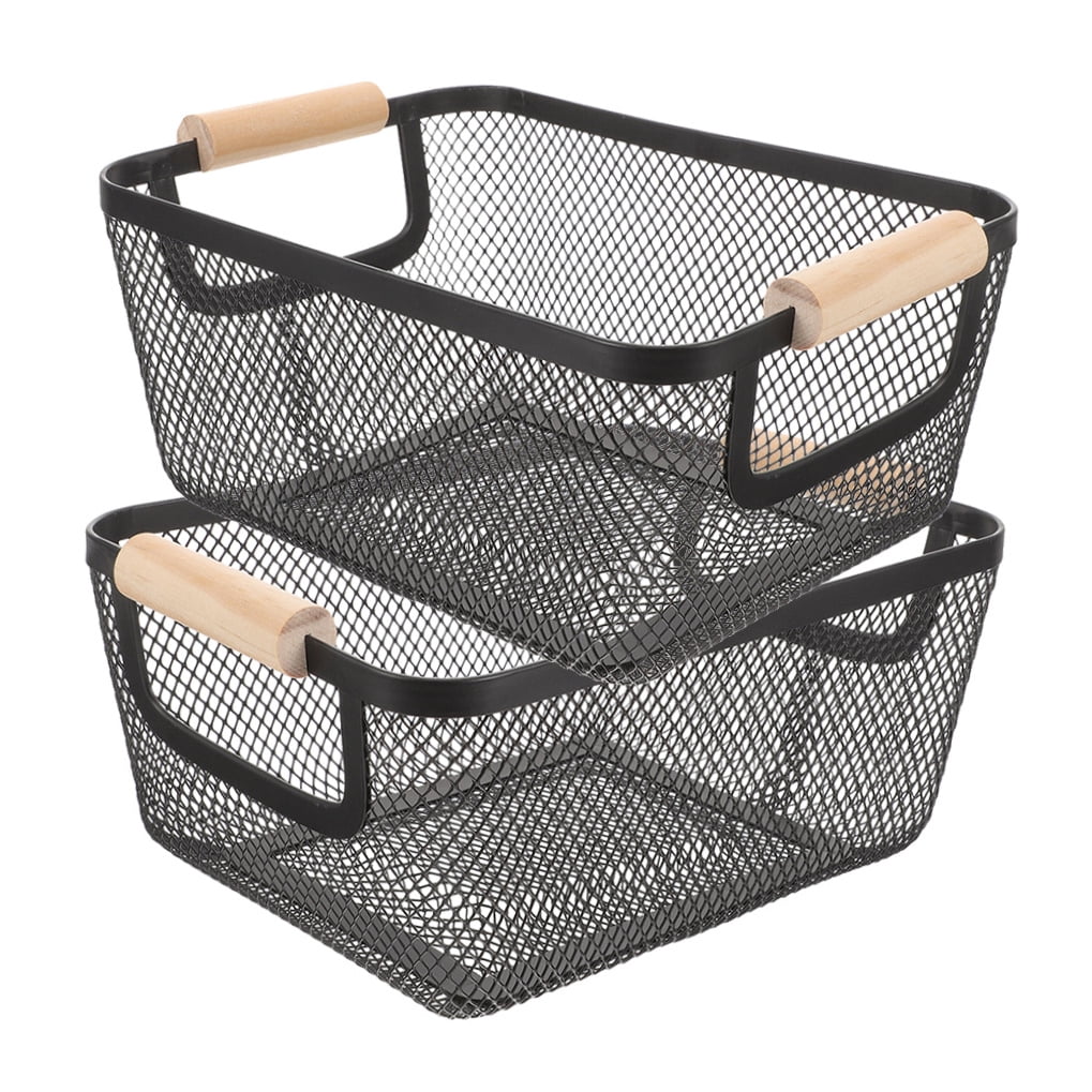 Soimiss 2Pcs Metal Mesh Storage Basket with Wood Handles Black Multifunctional Wire Organizer