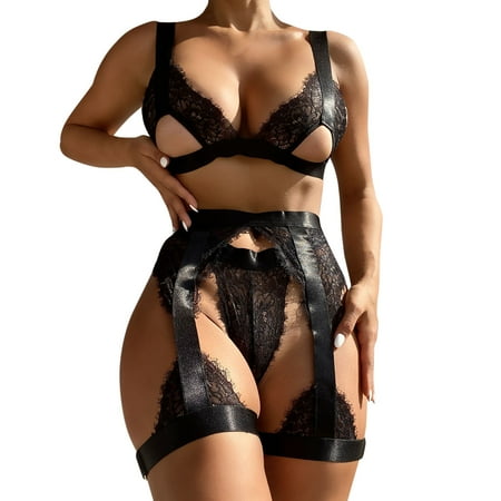 

AIYUQ.U Women s Three Piece Plain Lace Eyelash Hollow Wireless Underwear Set Underwear