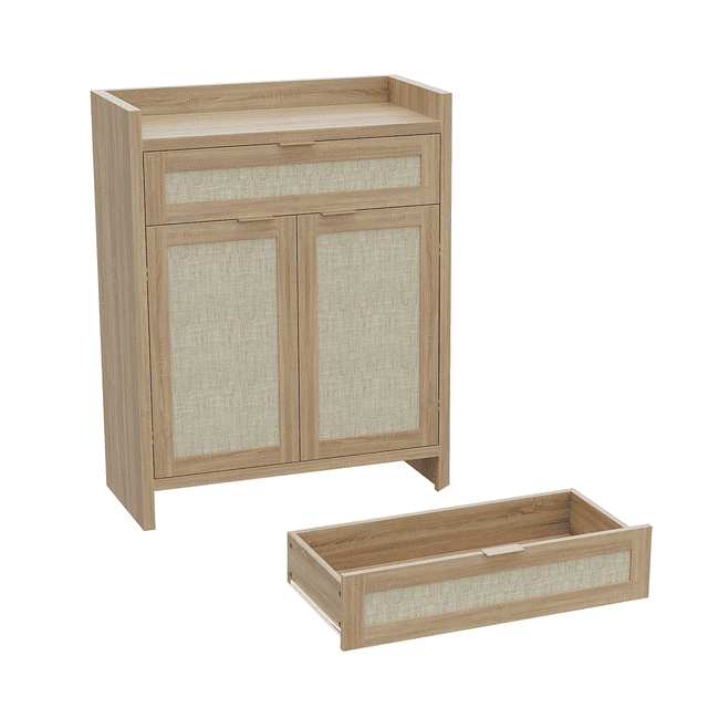 41" Tall Shoe Cabinet with Rattan Doors & Drawer - Adjustable Shelf Storage Console for Entryway, Living Room