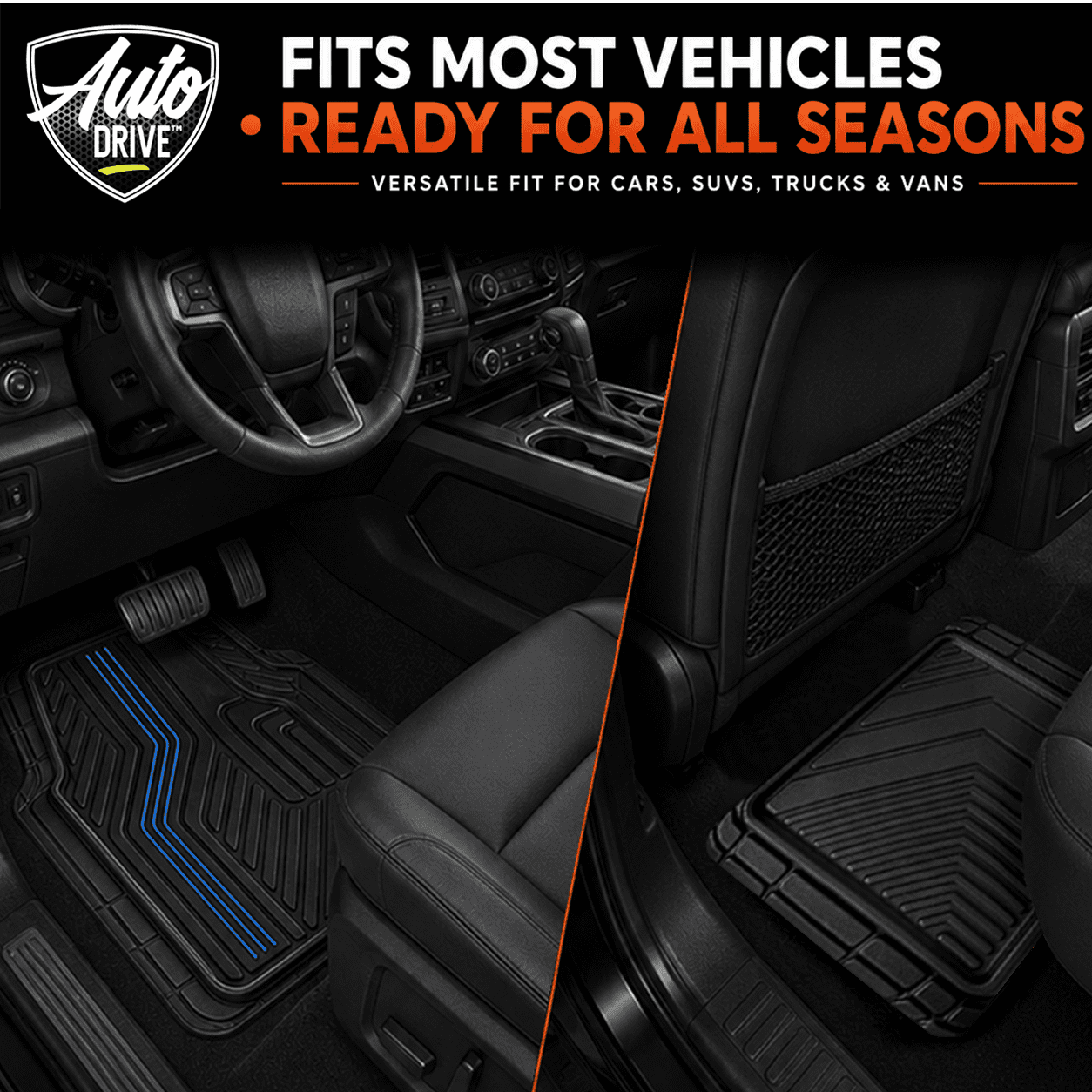 Auto Drive Rubber Car Floor Mats, Decorative Insert Trim Floor Mats Set, All Weather Automotive Floor Mats, Easy-Clean, Anti-Slip Backing for Cars, SUVs, Trucks, and Vans 3 Piece Blue