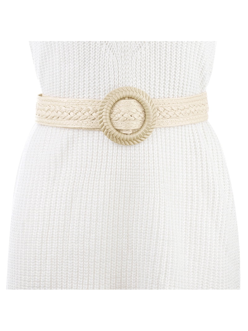 Beige Braided Round Buckle Women’s Waist Belt Amazon.com: Andongnywell-Lingerie Womens Round Wooden Buckle  main image 4
