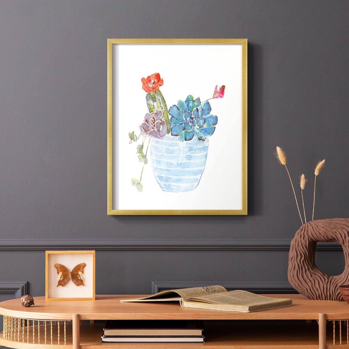 Cactus and Succulent Blooms I Framed Print in Gold Solid Wood Framed Print No Nail Hanging