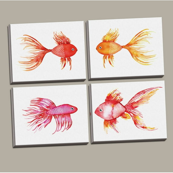 Beautiful, Vibrant Pink and Orange Goldfish; Four 14X11in Hand Stretched Canvases