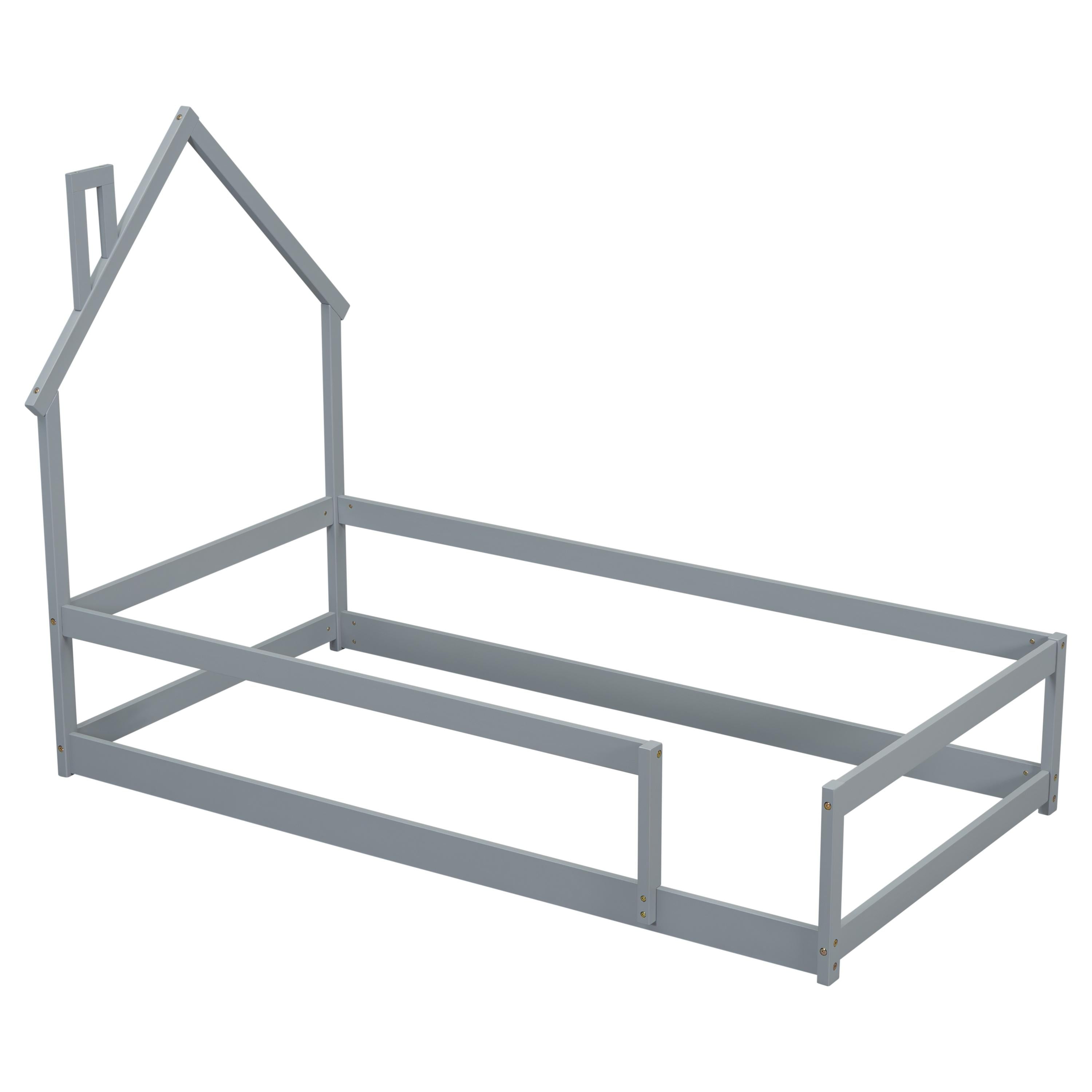 PORKISS Twin Size Floor Bed, Montessori Bed for Kids with Fence, House-shaped Headboard, Grey