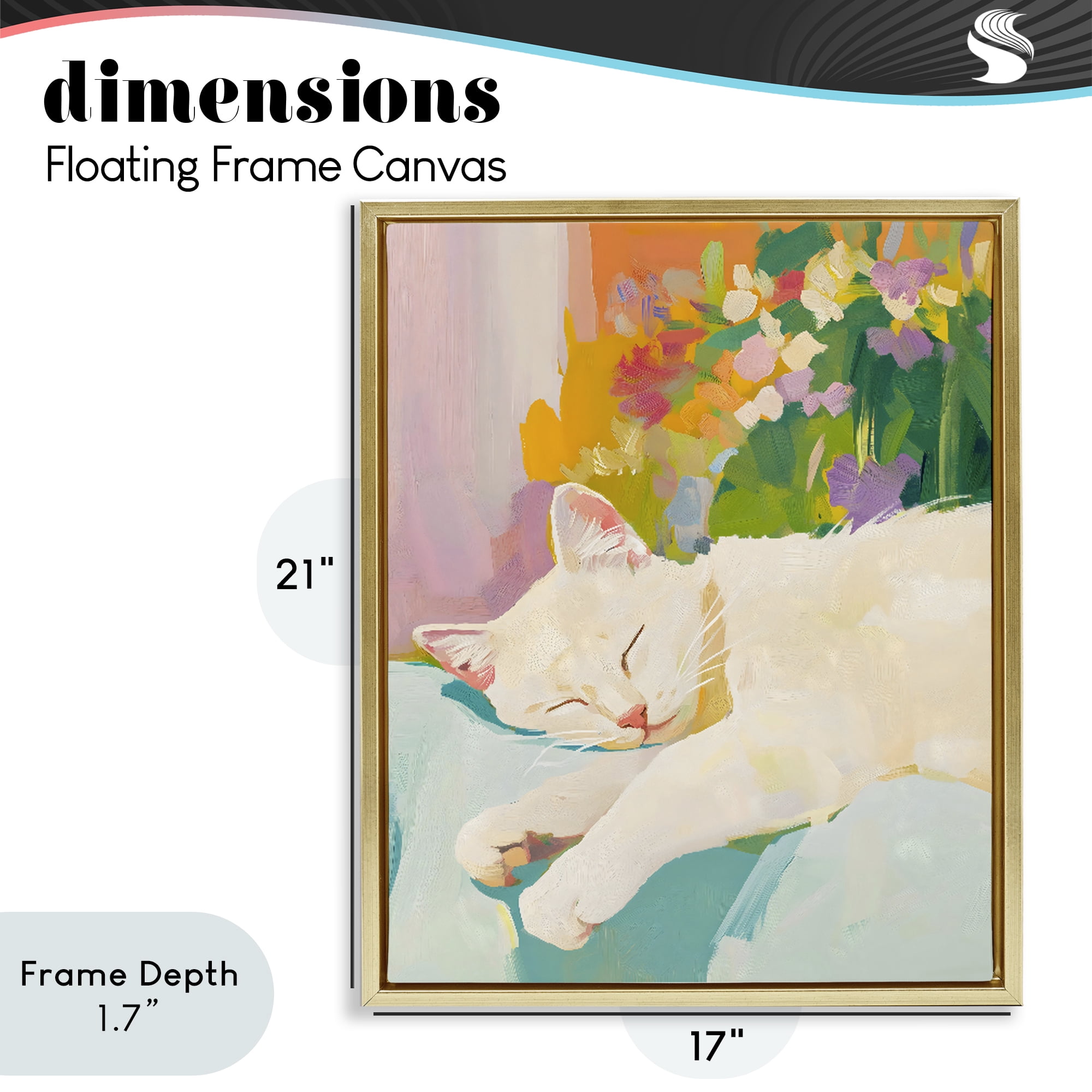 Stupell Industries Sleeping Cat with Flowers Gold Framed Floater Canvas Wall Art, design by The Prints Vibe