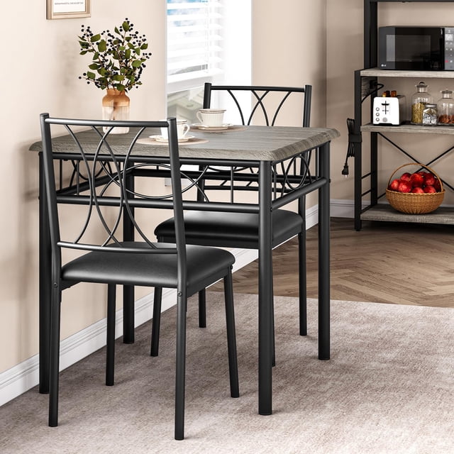 Dining Table Set for 2, 3 Piece Kitchen Table Set with 2 Chairs, Metal Frame, Square Kitchen Table Set for Small Space, Apartment, Dining Room