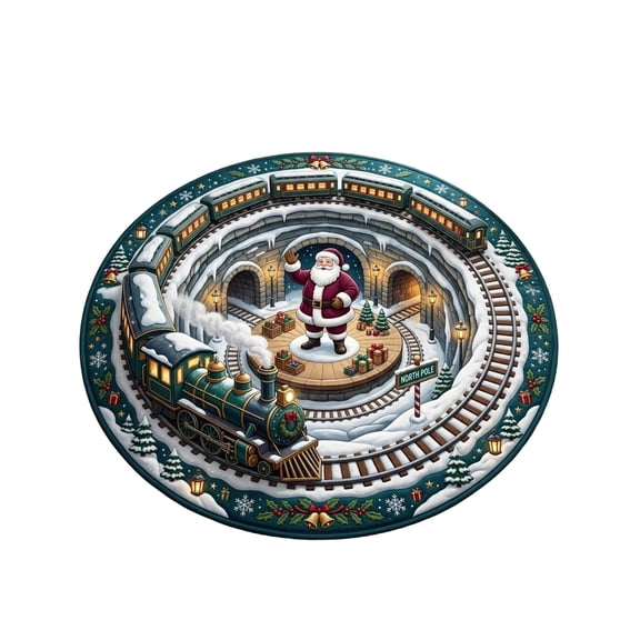 Christmas 3D Optical Illusion Rug, Christmas Santa Train Track Round Area Rug, Indoor Christmas Decor