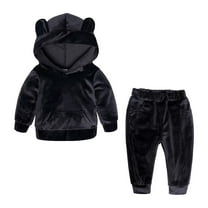 Zwiiyzr Toddler Boys Girls 2 PCS Pleuche Hooded Sweatshirt Baby Clothes Kids Sweater Pants Coat Set Black